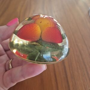 Vintage Vibrant Strawberry Fruit Lucite Acrylic Paperweight Jar Topper